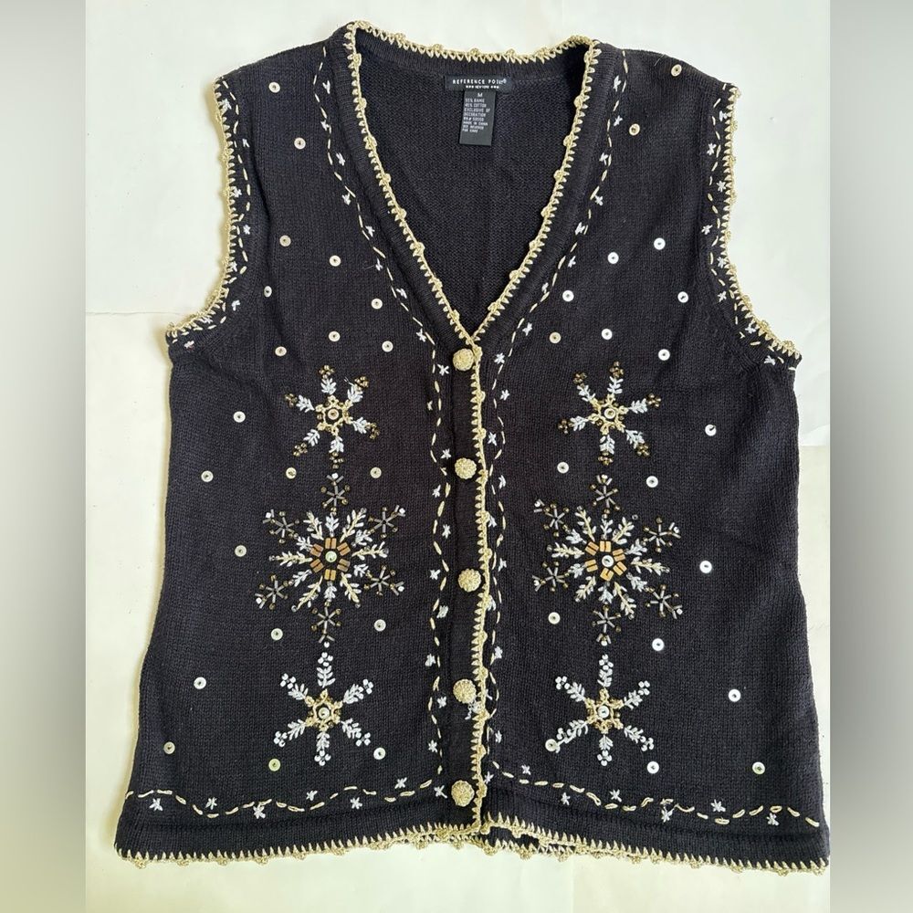 Ladies Reference Point Embroidered Black Embroidered Holiday Cardigan Vest Med